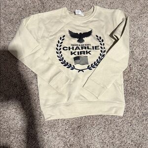 Charlie Kirk cream colored crew. Youth L